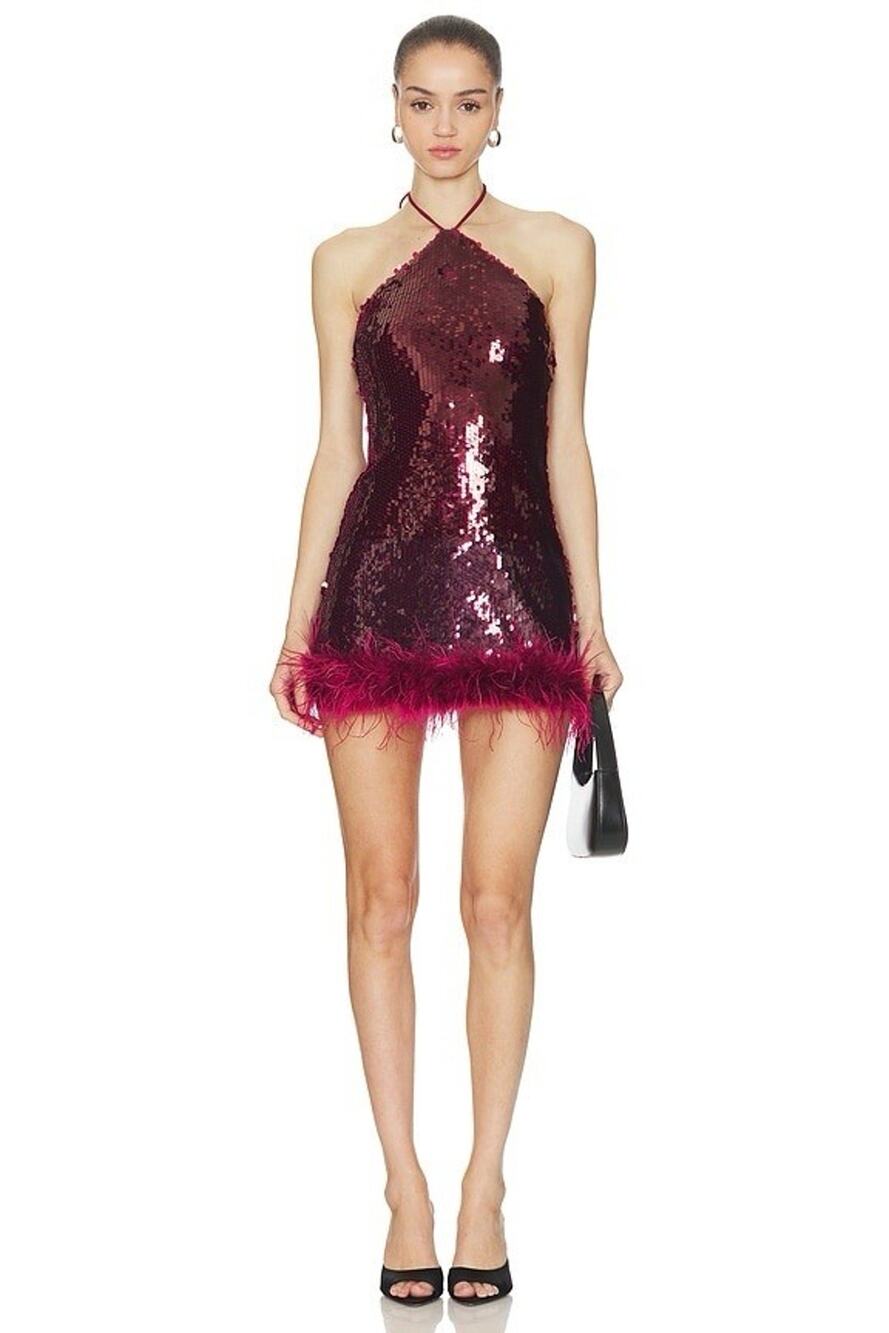 Runaway The Label Nicola Red Feather Trim Sequin Mini Dress S